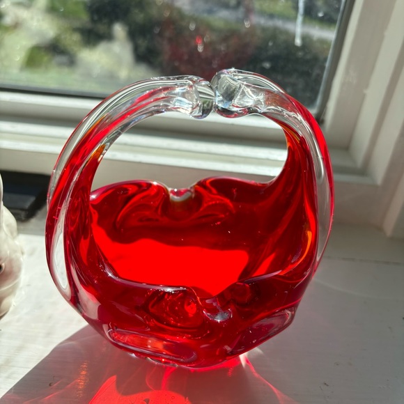 Murano Art Glass Hand Blown Sommerso Basket Joined Handles Submerged Ruby Red - Picture 3 of 8